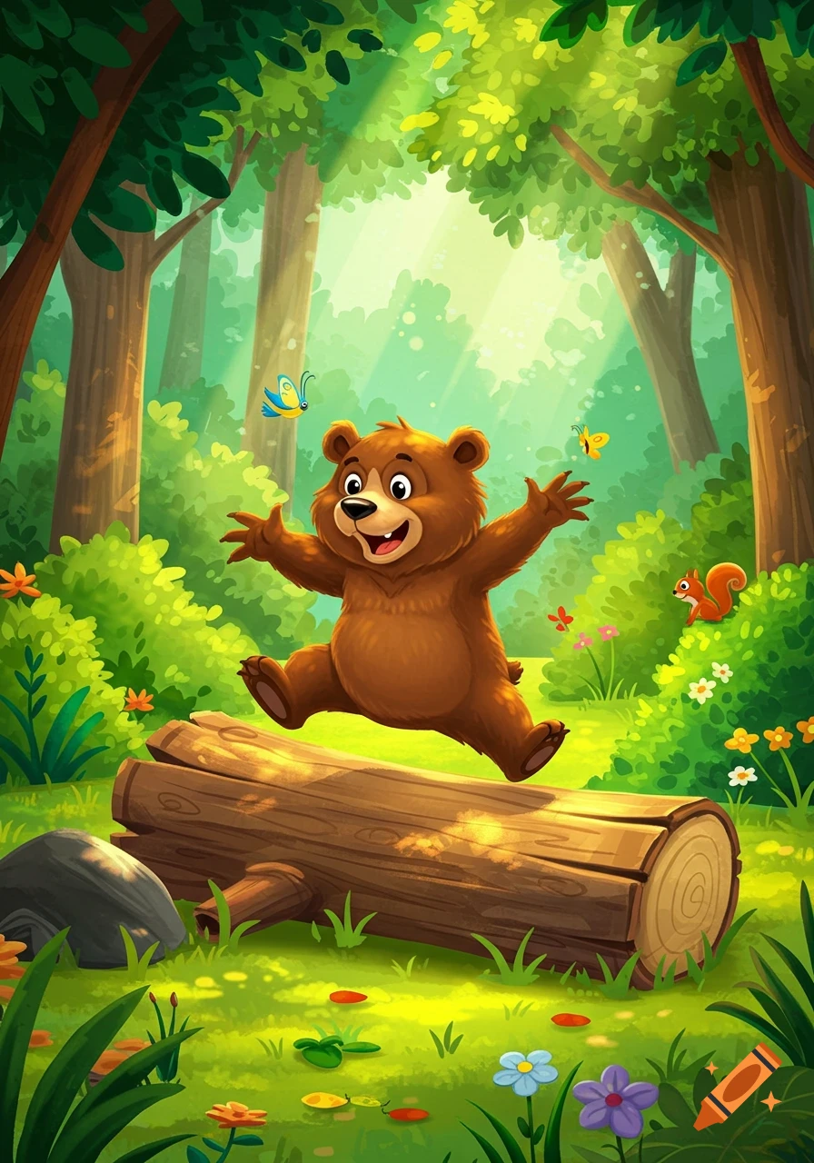 A cheerful cartoon bear jumps over a log in a sunny forest with butterflies and a squirrel.
