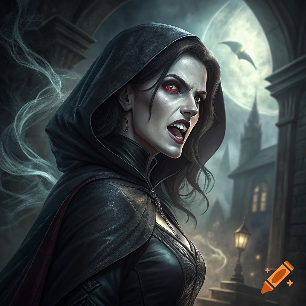 Portrait of a female vampire with red eyes and fangs in a gothic setting