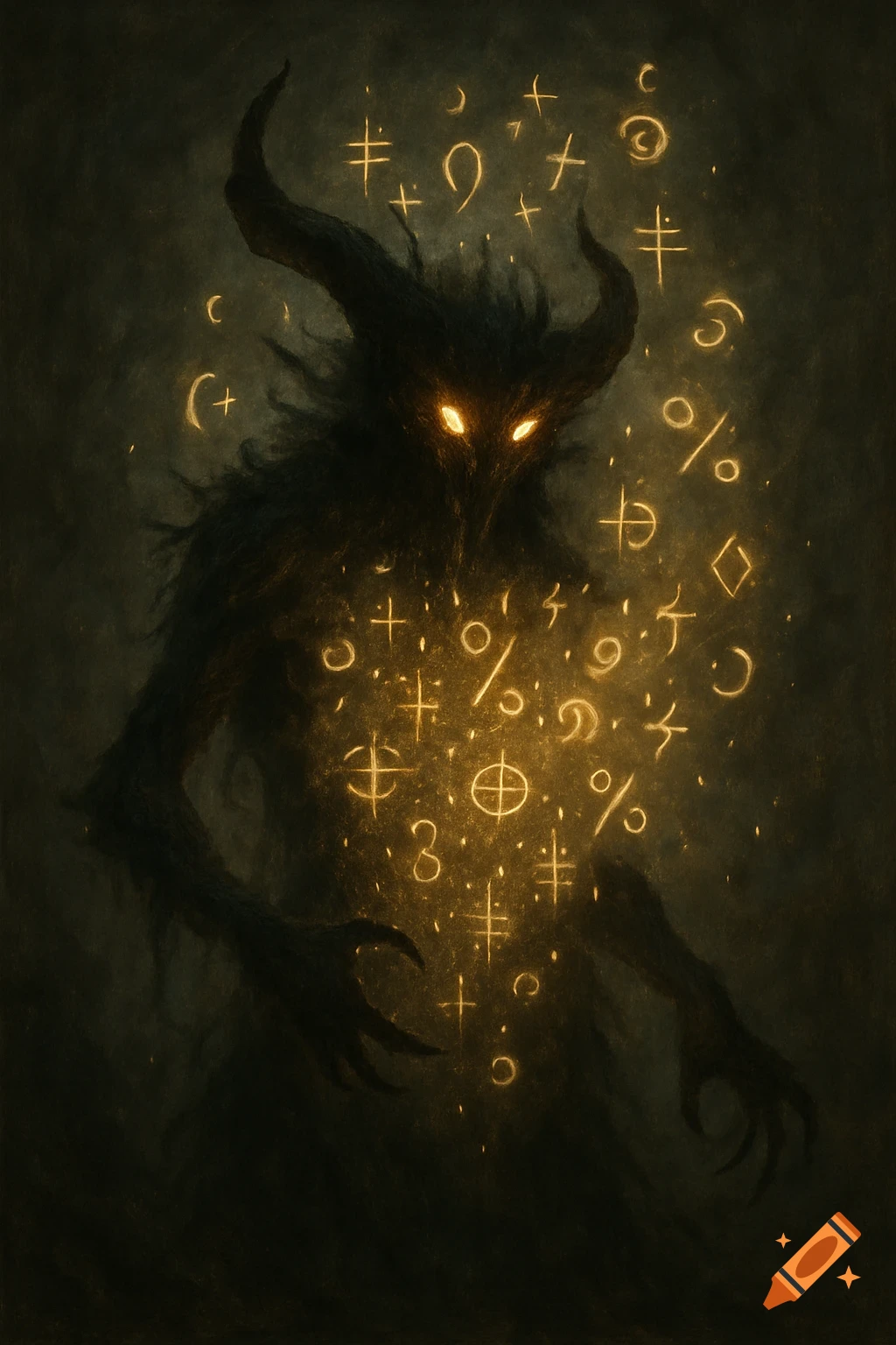 A dark horned creature with glowing eyes emits golden symbols.