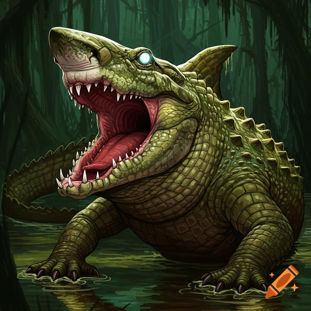A mutant shark-alligator creature in a swamp with its mouth open.
