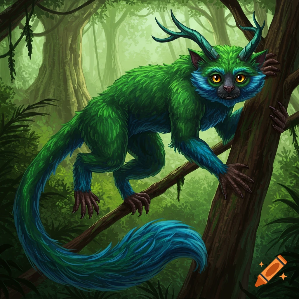 A green and blue furry fantasy creature with antlers climbs a tree in a jungle.