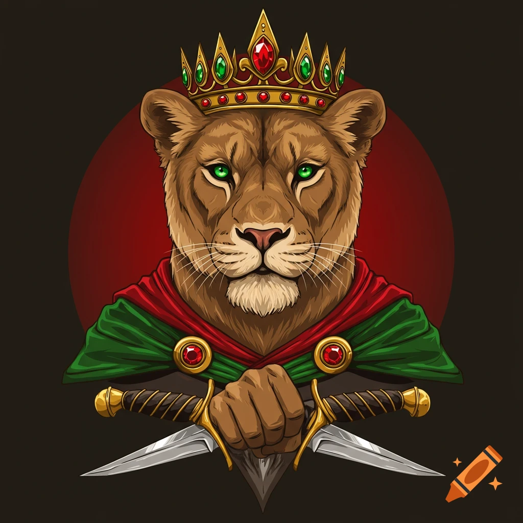 Vector art bust of a lioness wearing a crown and cape, holding two daggers