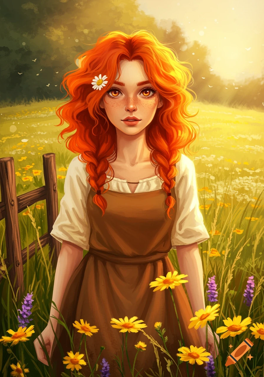 A young woman with fiery red hair and orange eyes stands in a sun-drenched wildflower field.
