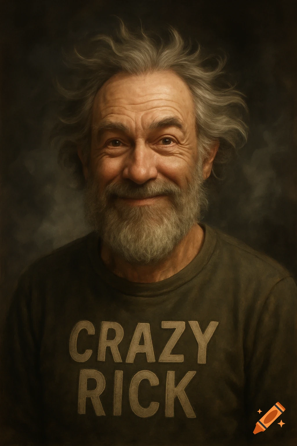 Portrait of an older man with a beard, smiling, wearing a shirt that says "CRAZY RICK".