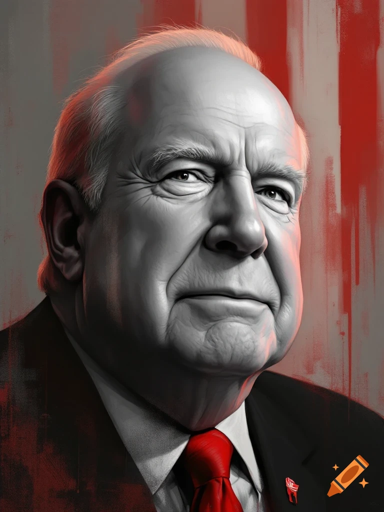 Portrait of a man in a suit and red tie with a painted background.