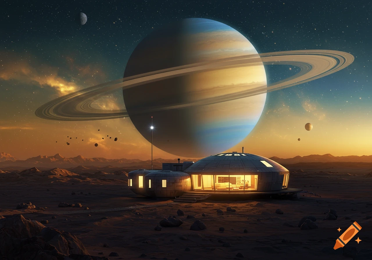 A futuristic base on an alien planet, with Saturn and moons visible in the sky.