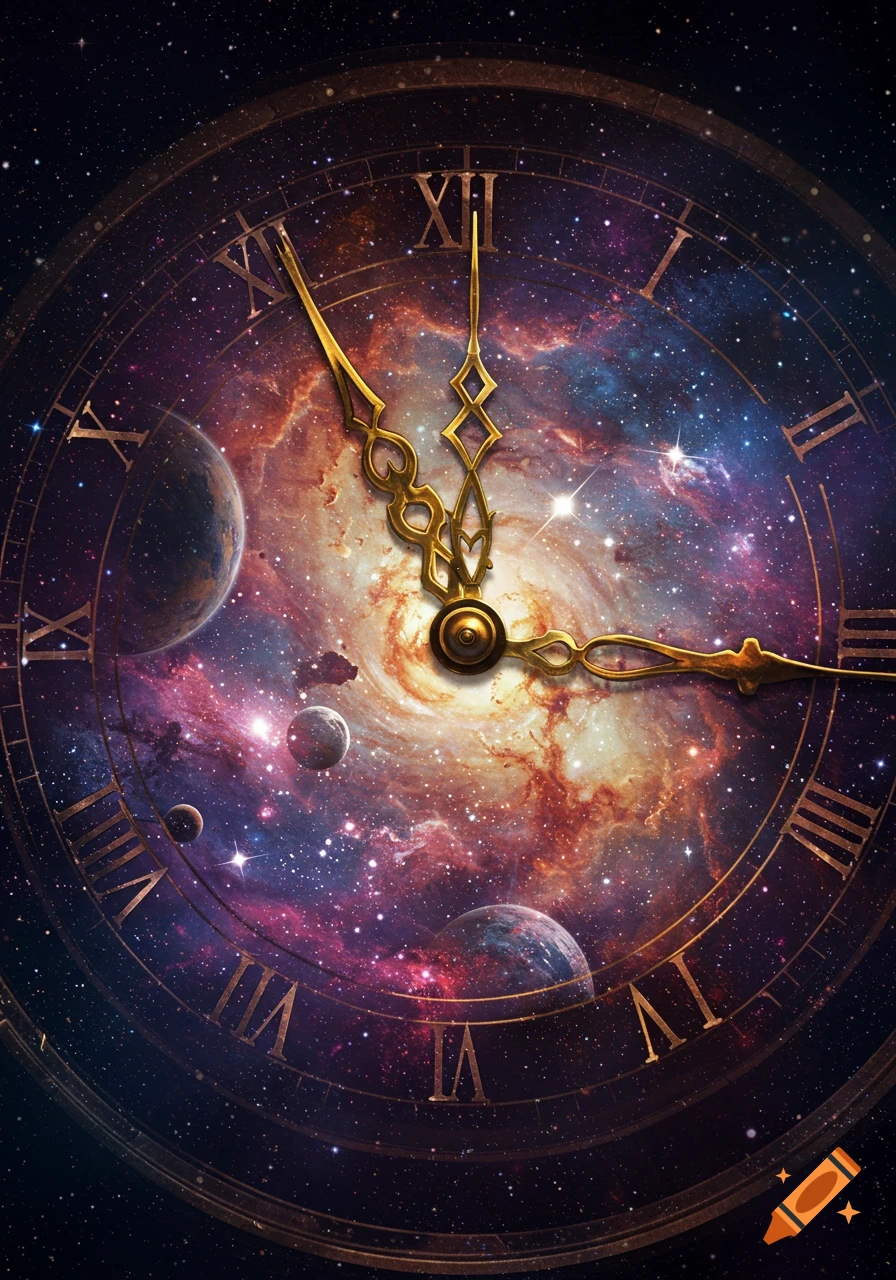 Close-up of an antique clock face with Roman numerals against a vibrant galaxy background with planets and stars.