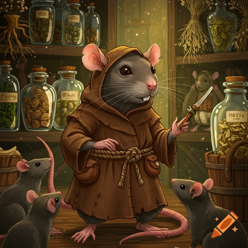 A rat healer in a robe stands in a potion shop, holding a small tool, surrounded by other rats and jars.