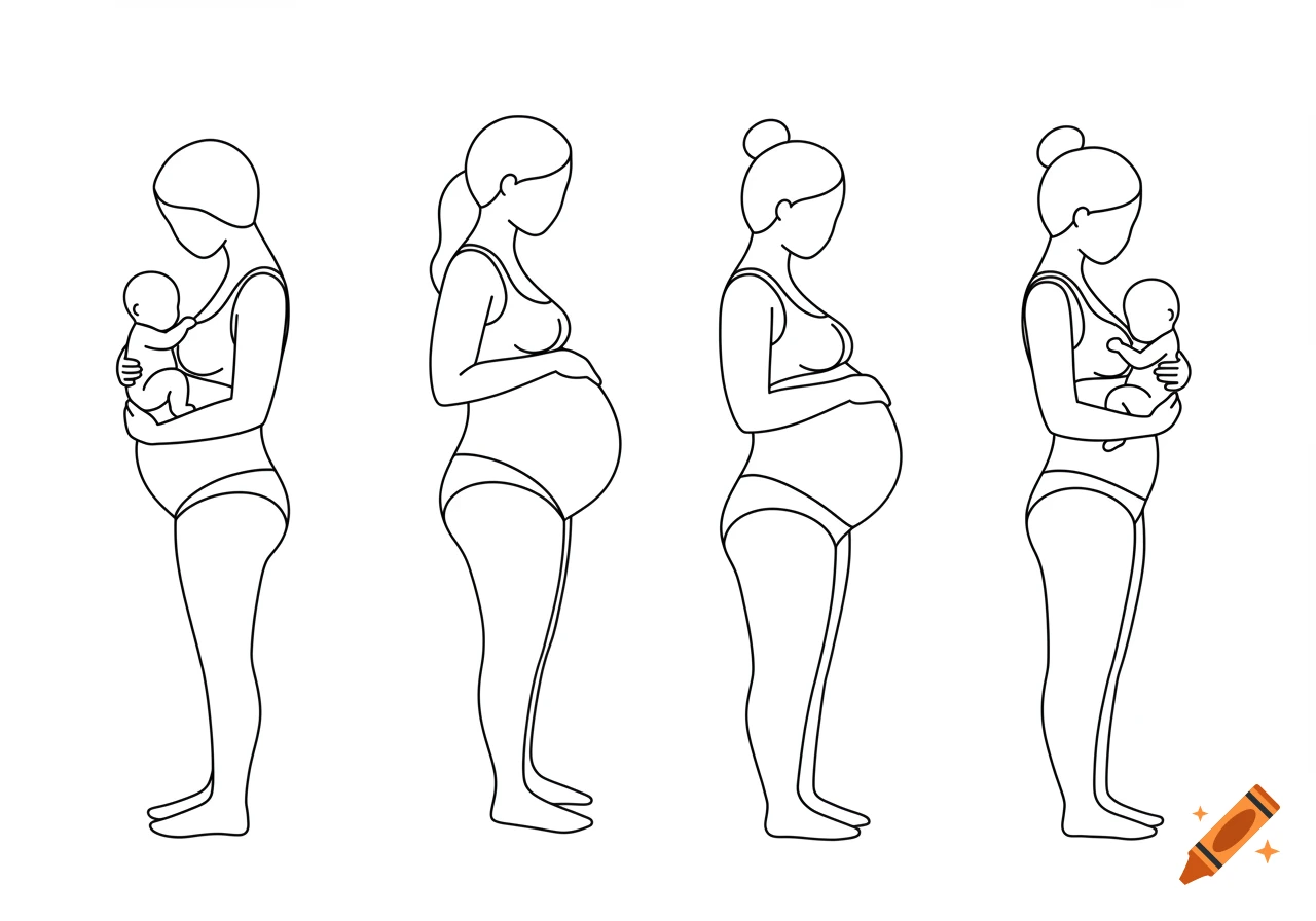 Line art illustration of four women showing stages of pregnancy and postpartum with a baby.