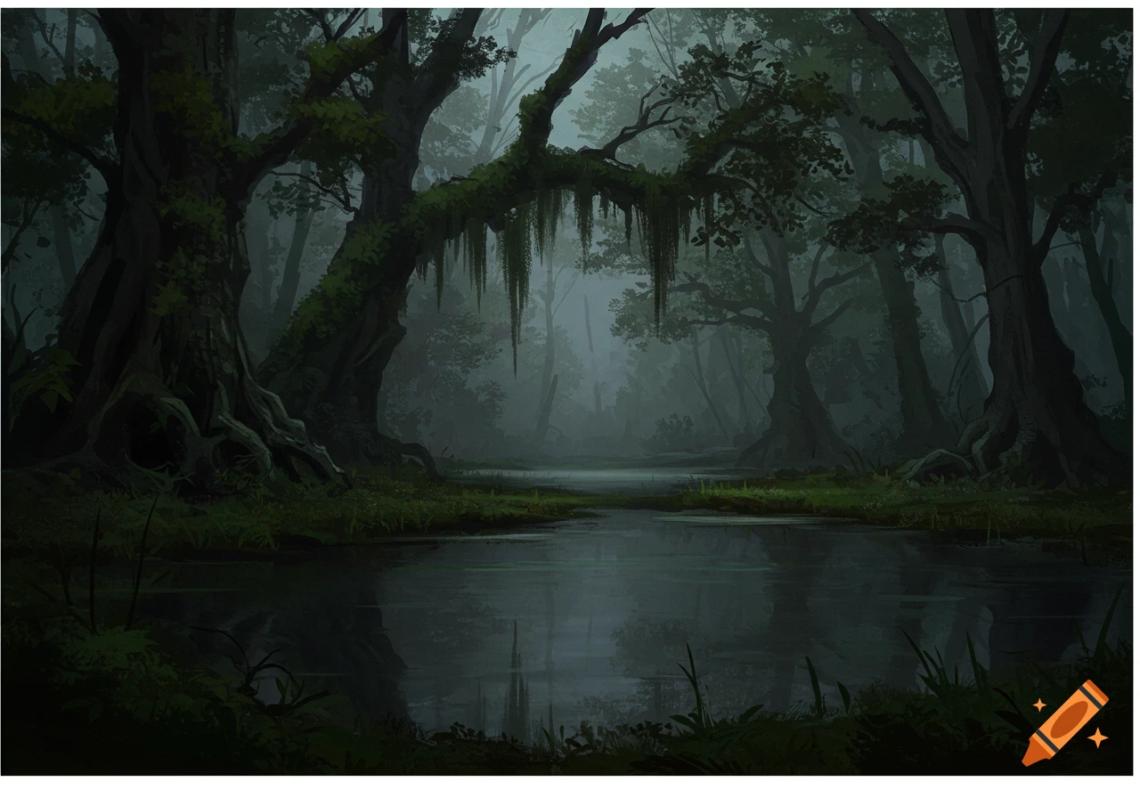 A dark, misty forest with a pond and moss-covered trees.