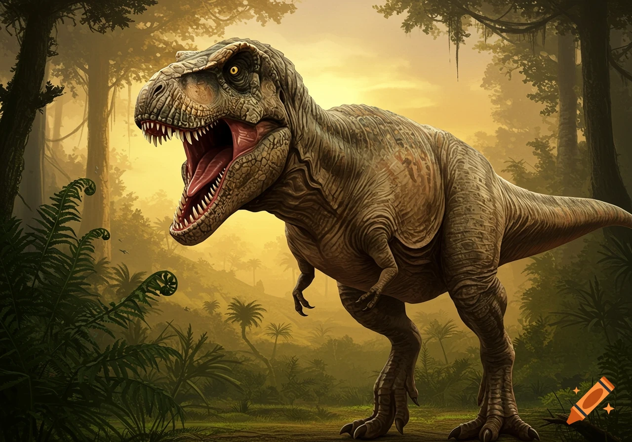 Digital painting of a T-Rex roaring in a prehistoric forest.