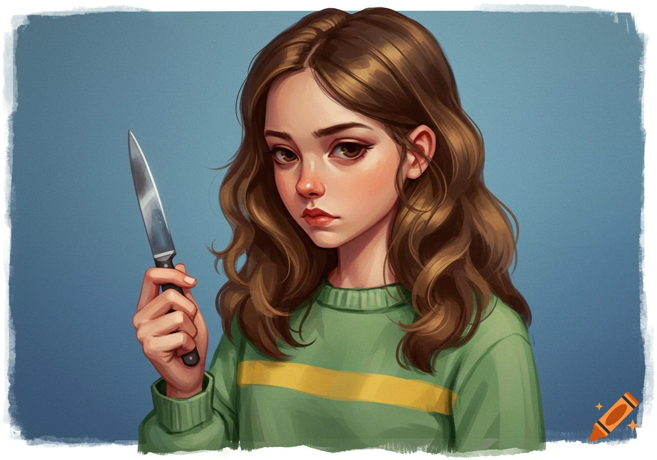 An illustration of a girl in a green sweater holding a knife