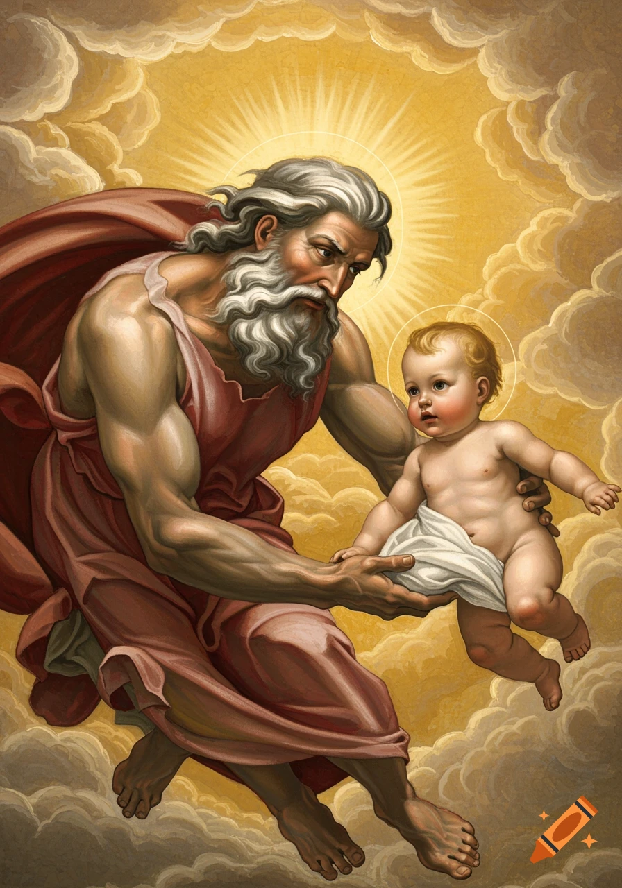 Painting of God holding a baby in golden clouds, classical art style.