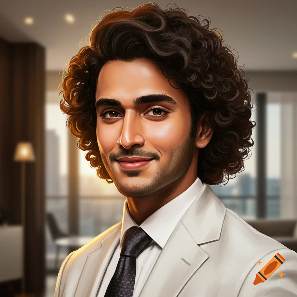 Portrait of a handsome man with curly hair wearing a suit and tie.