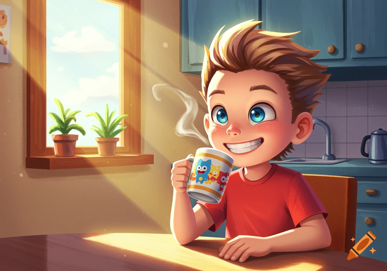 Cartoon boy smiling with a steaming mug in a sunny kitchen.