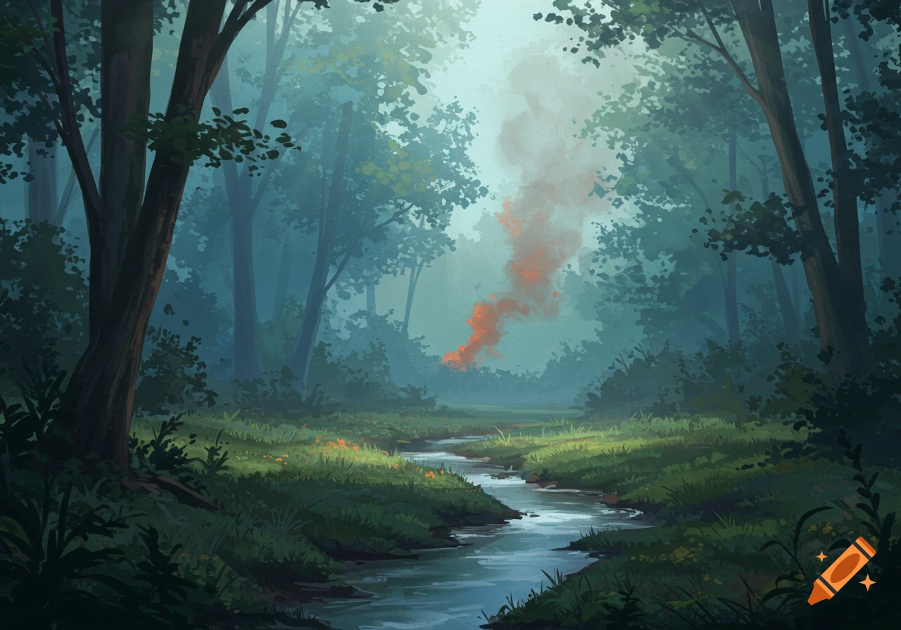 A misty forest with a stream and orange smoke.