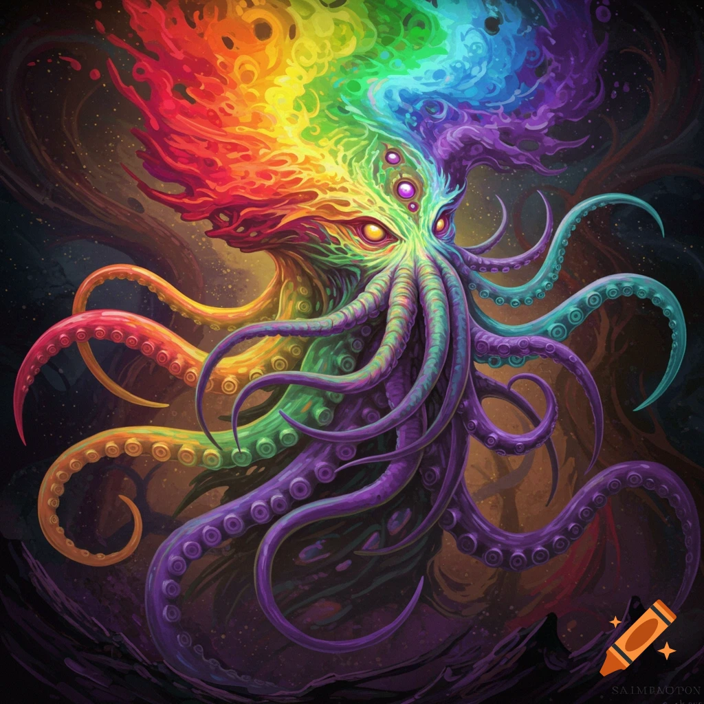 A rainbow-colored multi-eyed tentacled creature