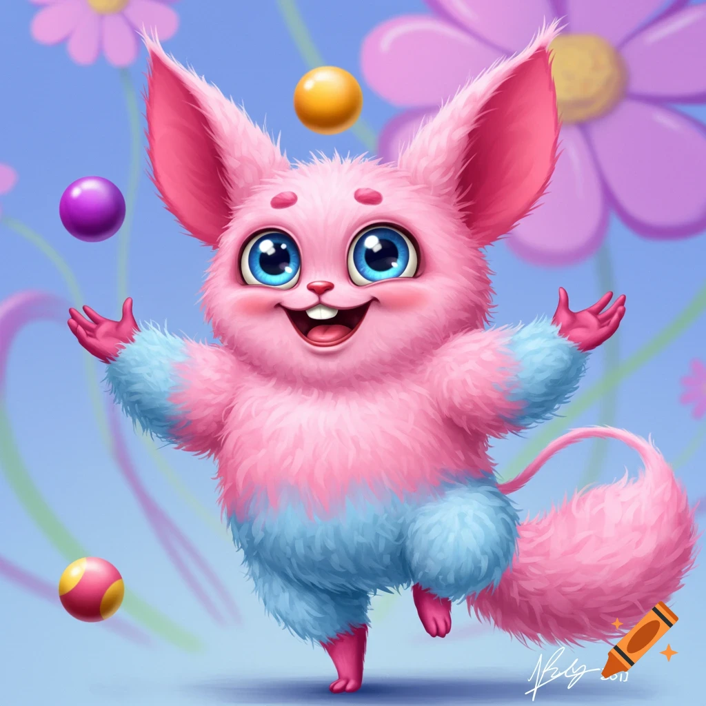 A cute fluffy pink and blue fantasy creature juggling colorful balls.