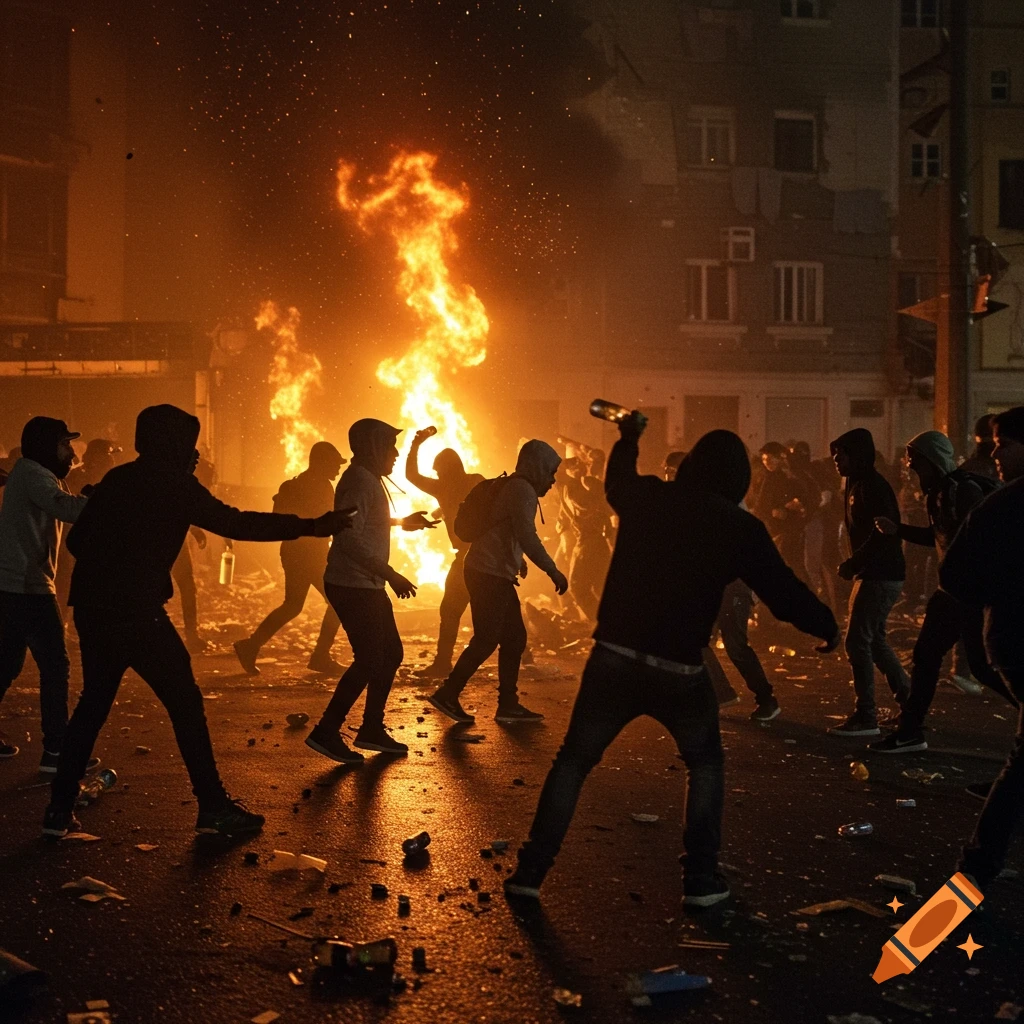 People riot around a large fire in a street at night.