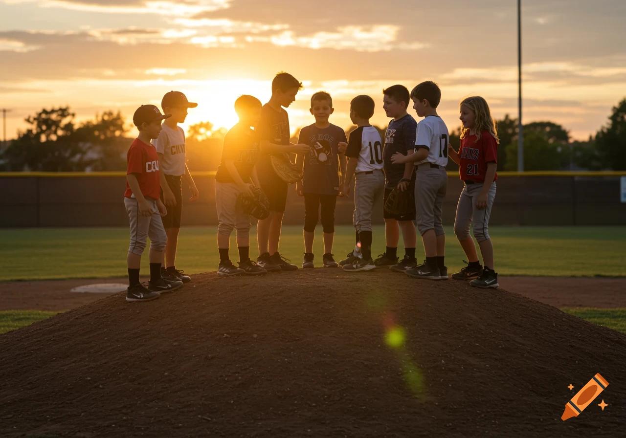 Diverse children on a baseball mound at sunset.