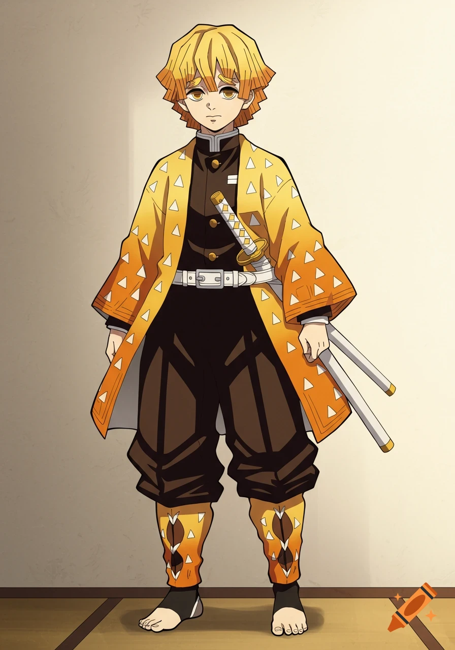Anime illustration of a character in a yellow and orange patterned haori holding swords.