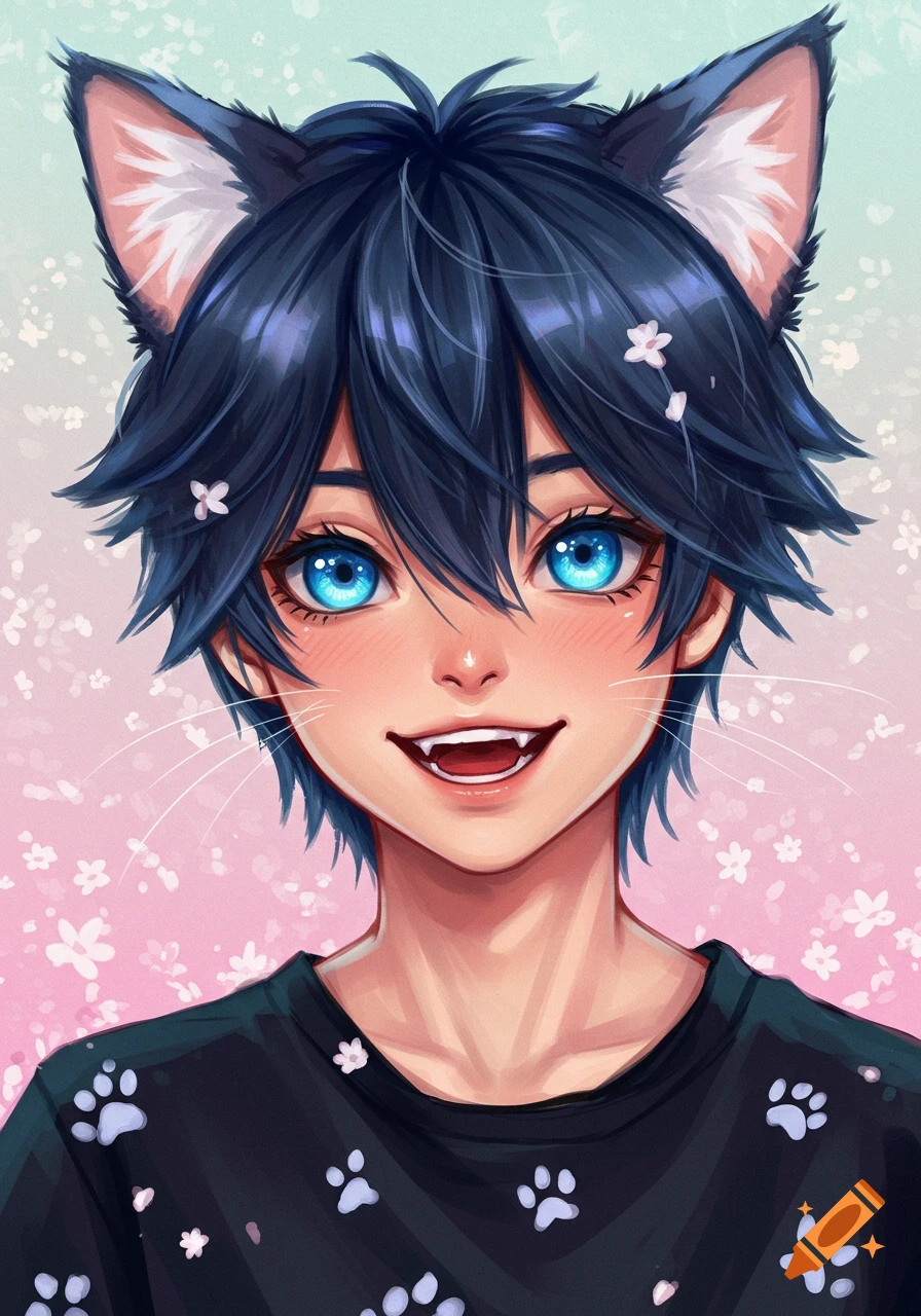 Anime portrait of a cat boy with blue eyes and cat ears, wearing a paw print shirt.