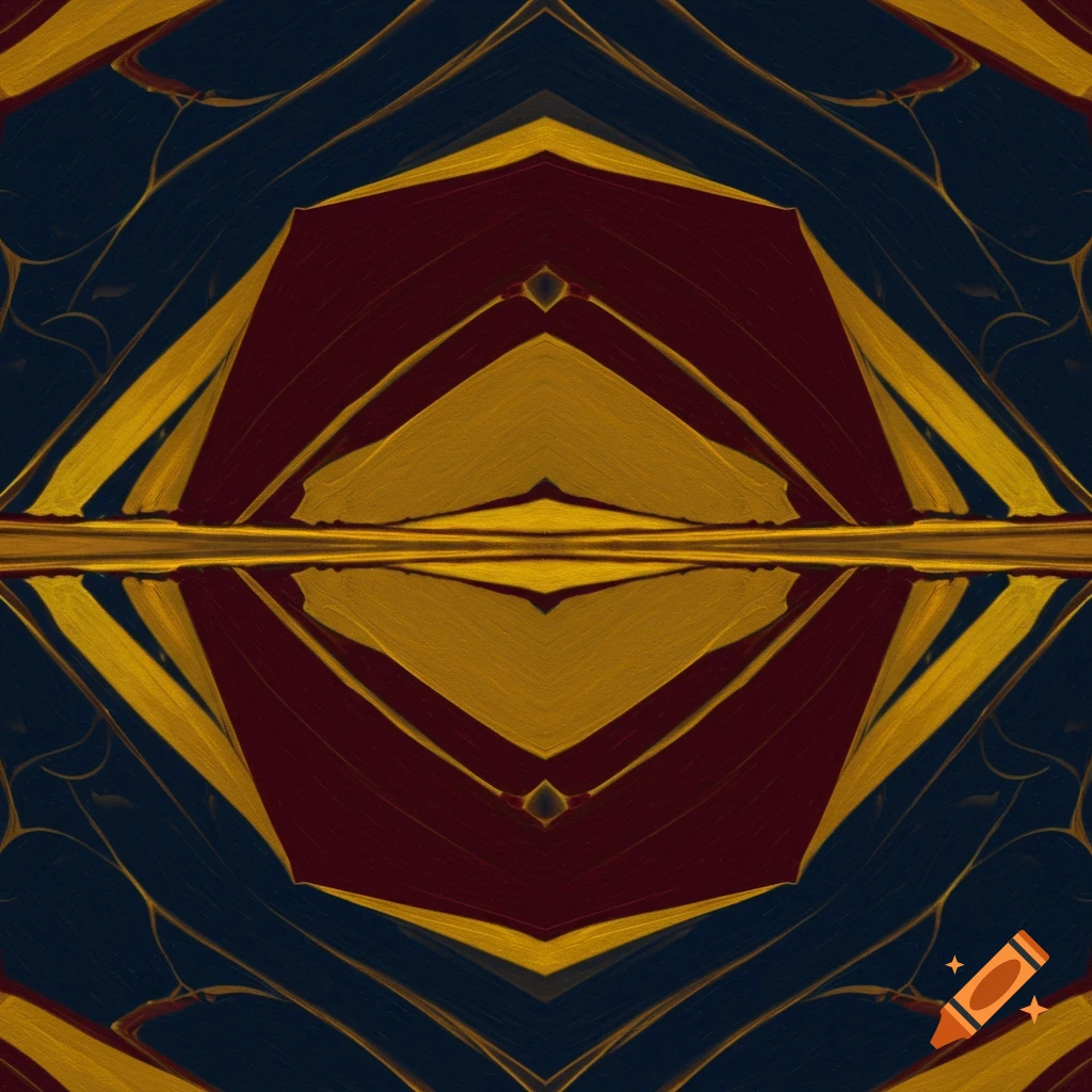 Abstract geometric pattern in gold, maroon, and dark blue.