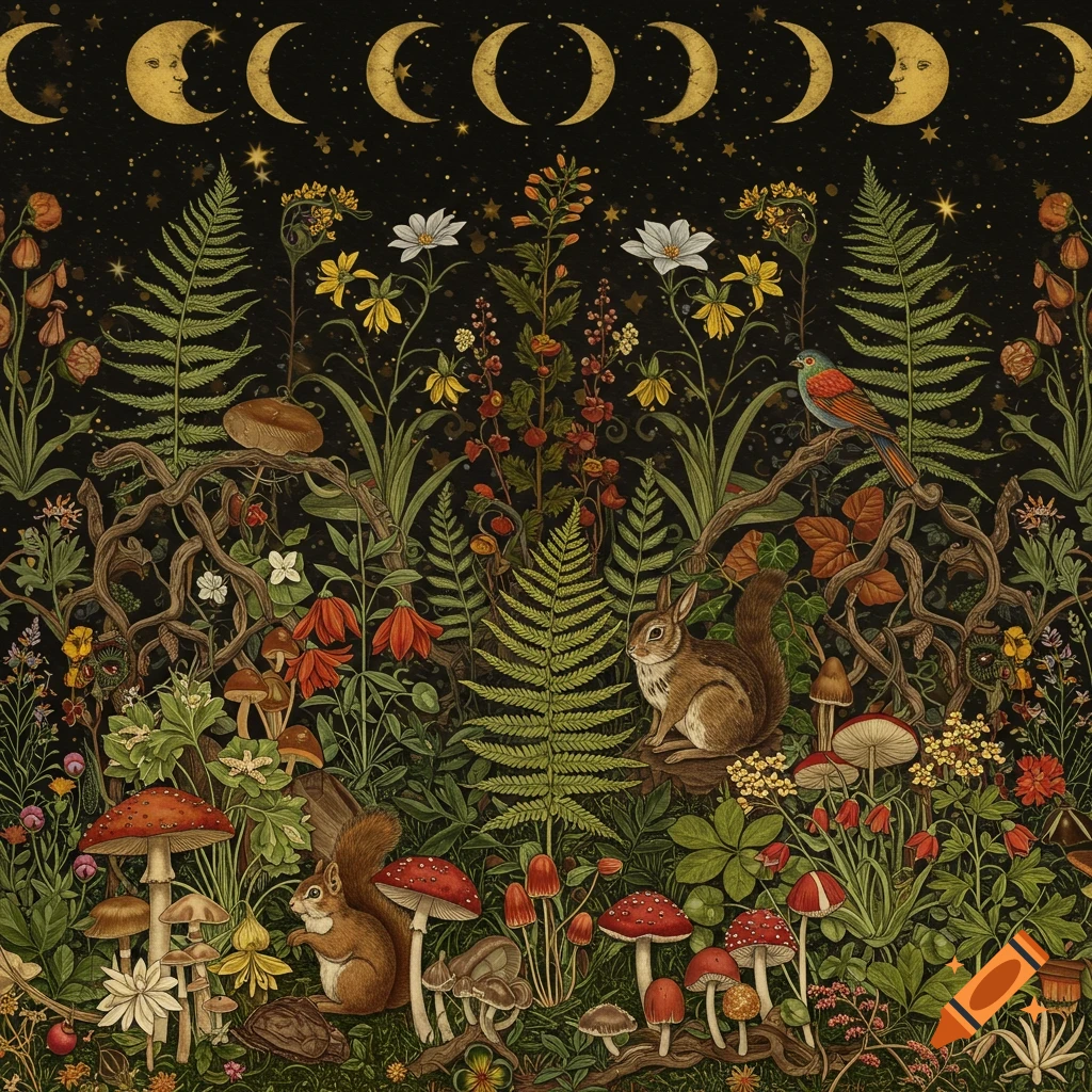 Vintage botanical illustration with plants, mushrooms, squirrels, rabbits, bird, stars, and moons.