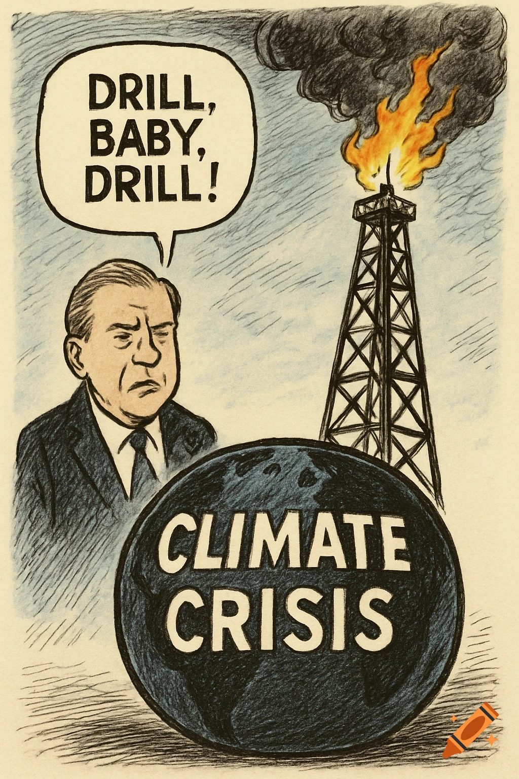 Political cartoon of a man saying "Drill, Baby, Drill!" next to a burning oil rig and the Earth labeled "Climate Crisis."