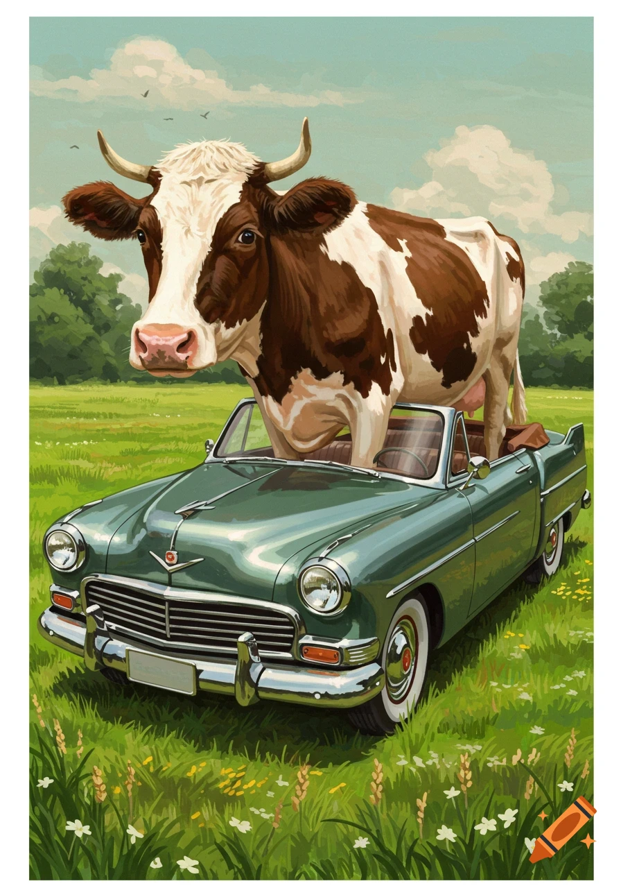 A large cow sits in a green convertible car in a grassy field.