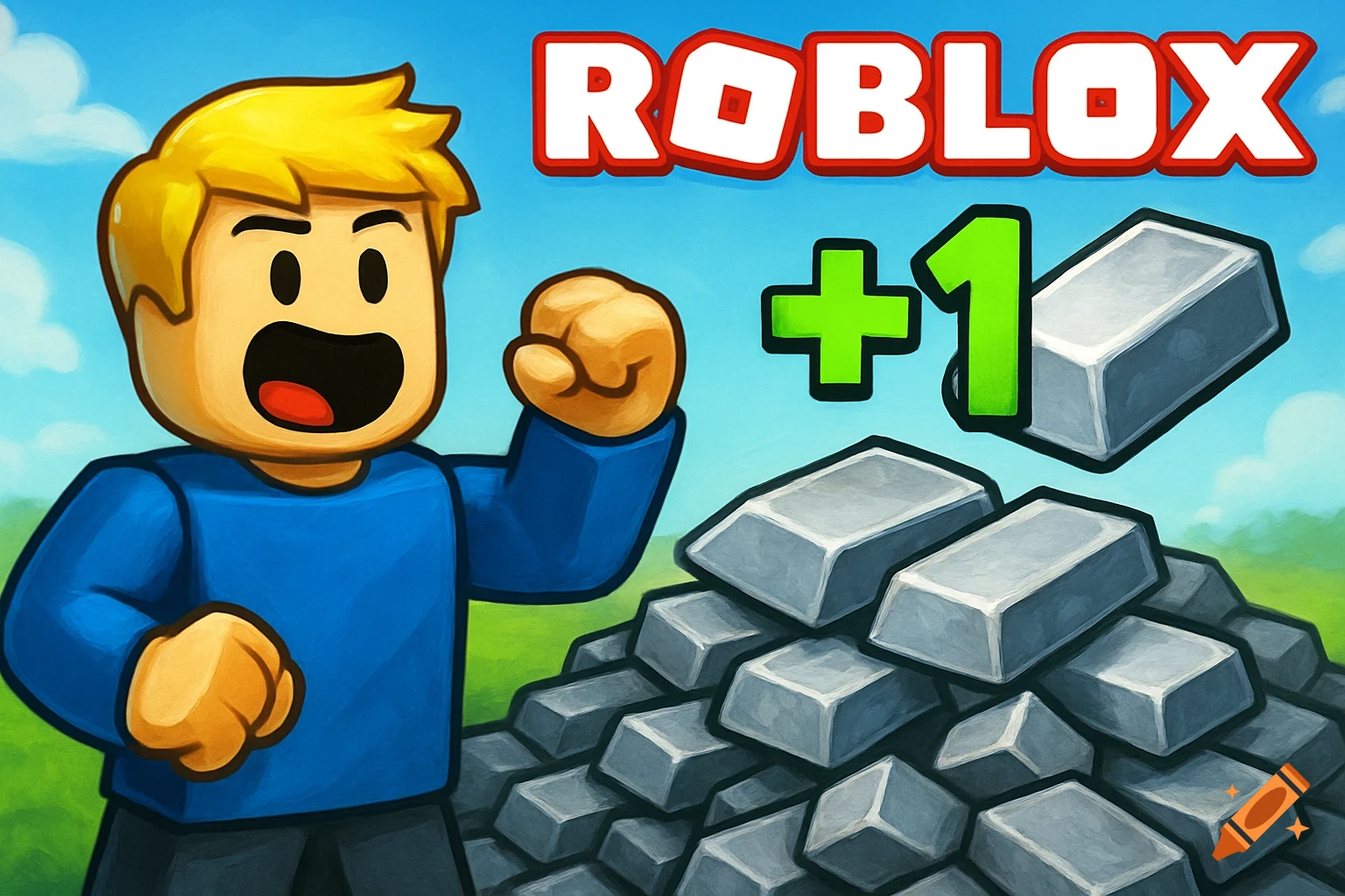 An image of a Roblox-style character with silver ingots and the text 'ROBLOX +1'