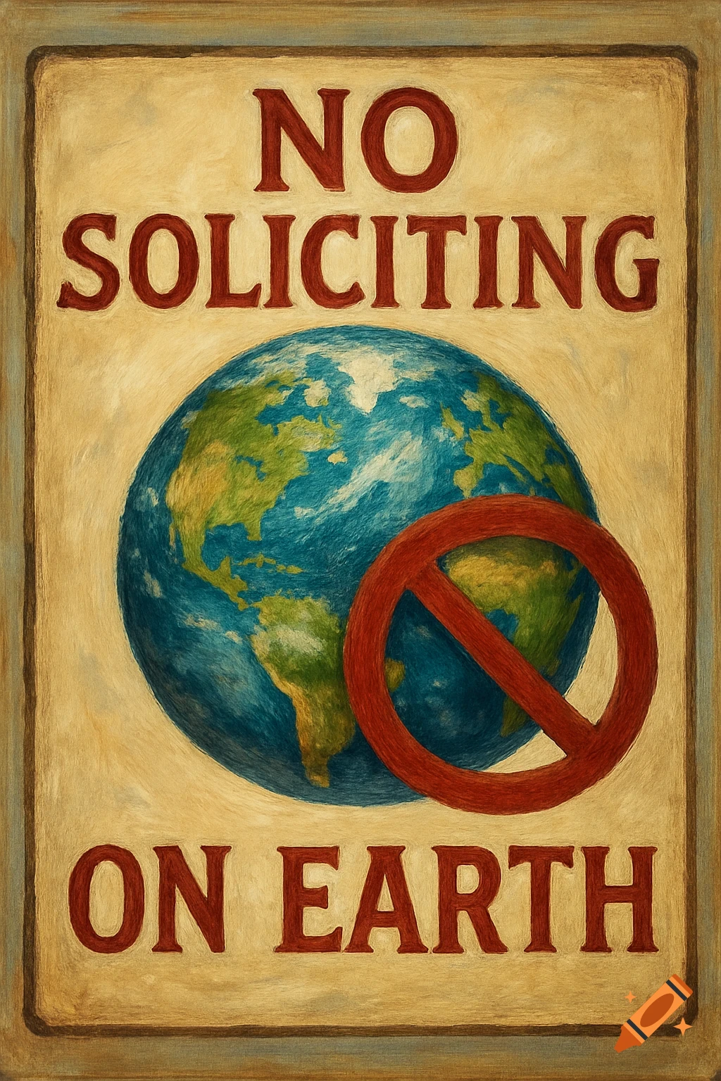 A sign that reads 'NO SOLICITING ON EARTH', showing a globe with a red no symbol over it.