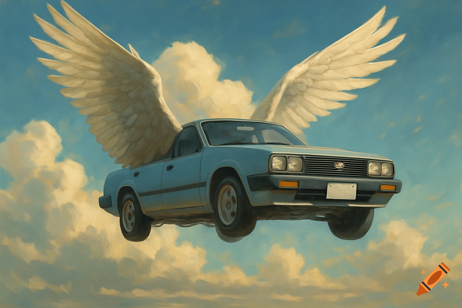 Blue car with large wings flying in a cloudy sky.
