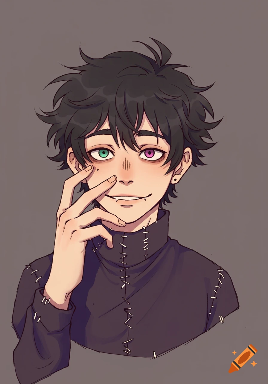 Anime portrait of a young person with heterochromia, fangs, and stitched clothing touching their face.