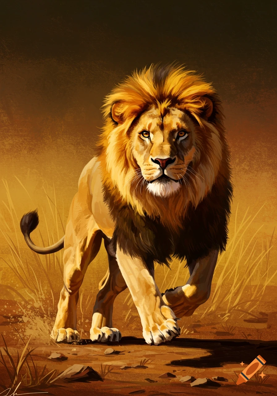 A male lion runs forward in a painterly style.