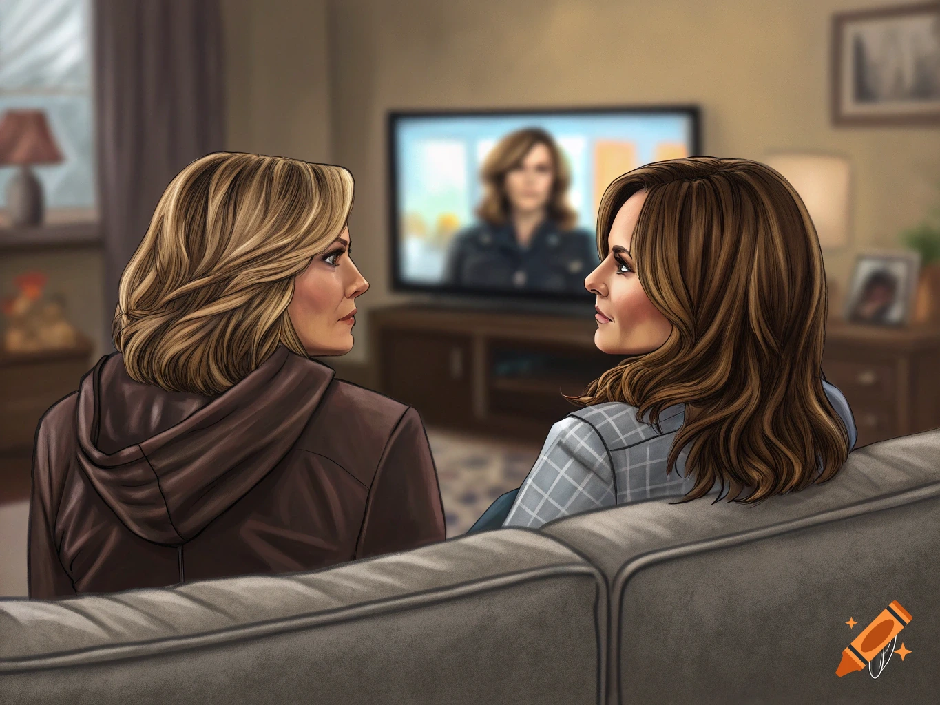 Illustration of two women watching TV in a living room