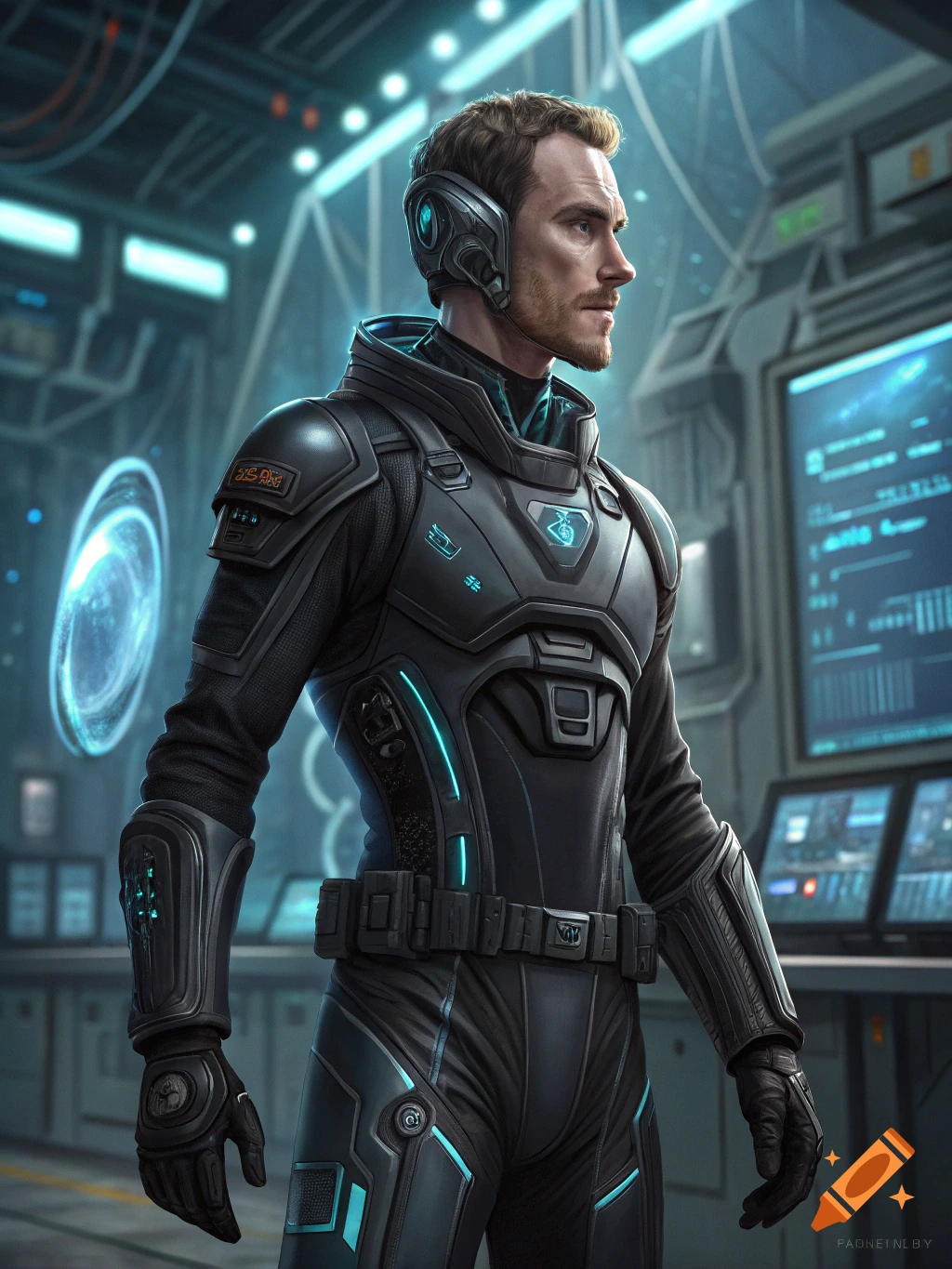 Man in black futuristic suit in a sci-fi lab