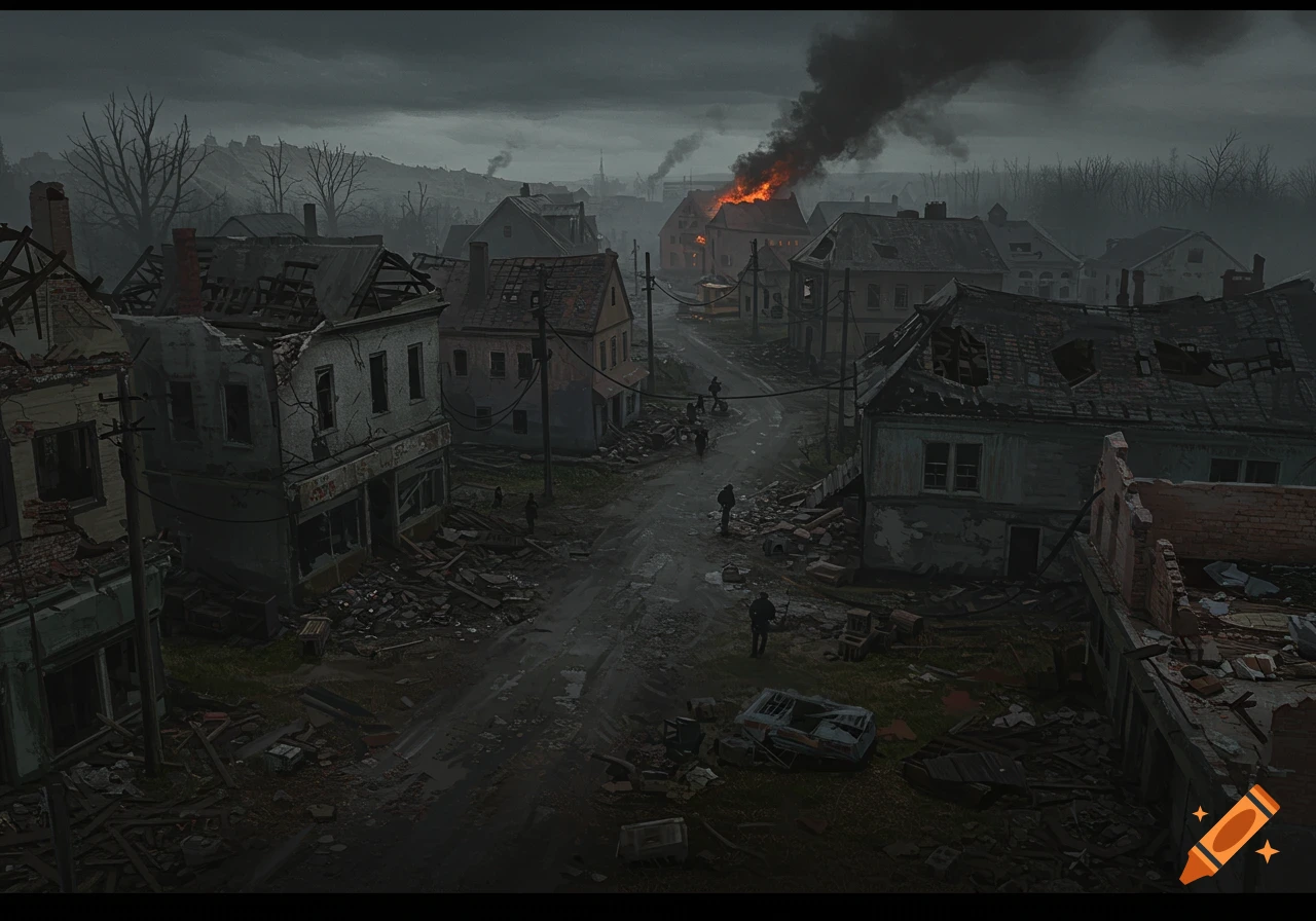 Destroyed small town street with rubble and smoke from a fire under a dark sky.