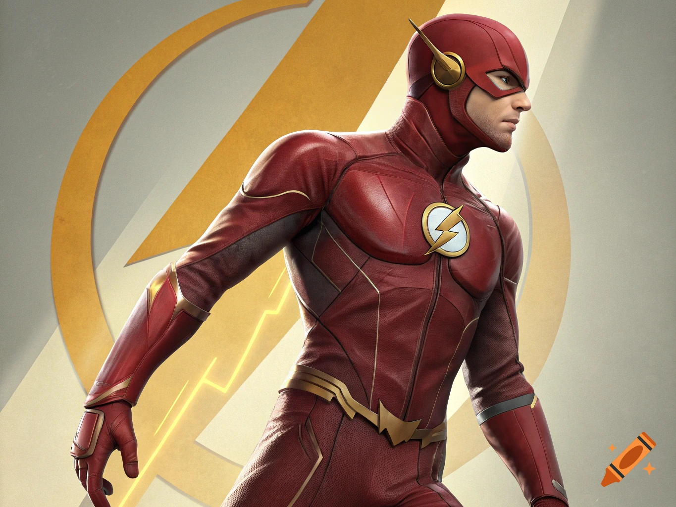 The Flash in his red suit with lightning bolt logo against a gold background