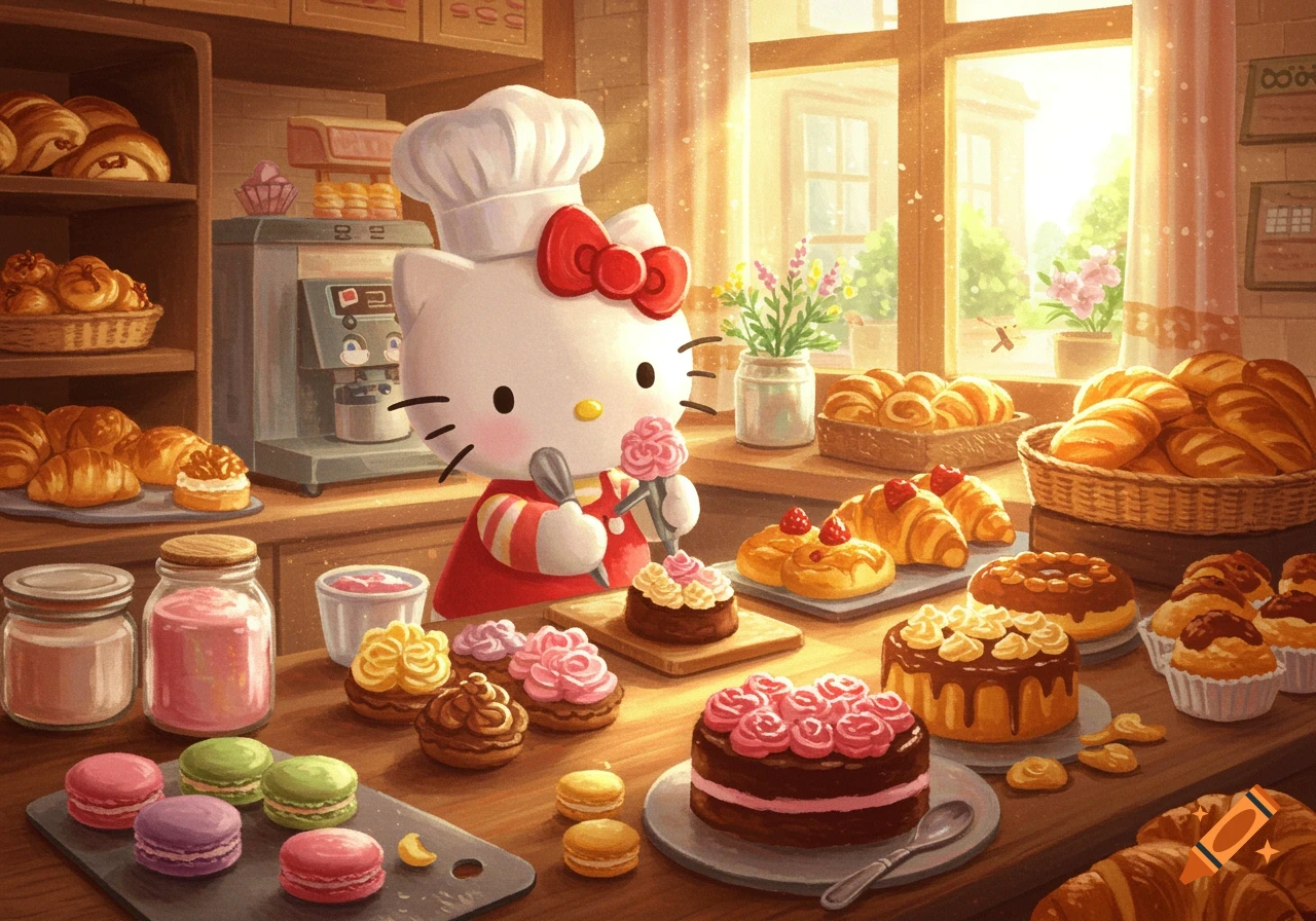 Hello Kitty decorates a cake in a sunny bakery filled with pastries.