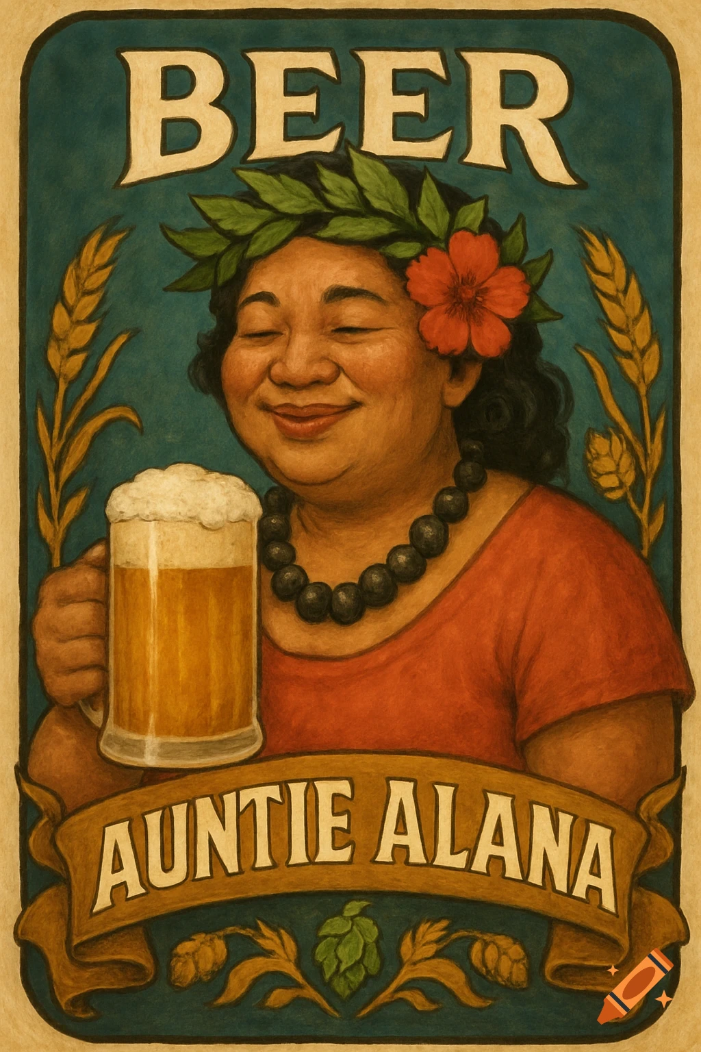 A woman holding a beer mug on a label reading 'BEER AUNTIE ALANA'