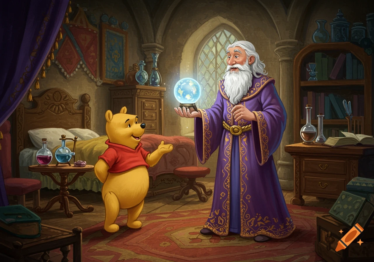 Winnie the Pooh talks to a wizard holding a glowing crystal ball in a castle room.