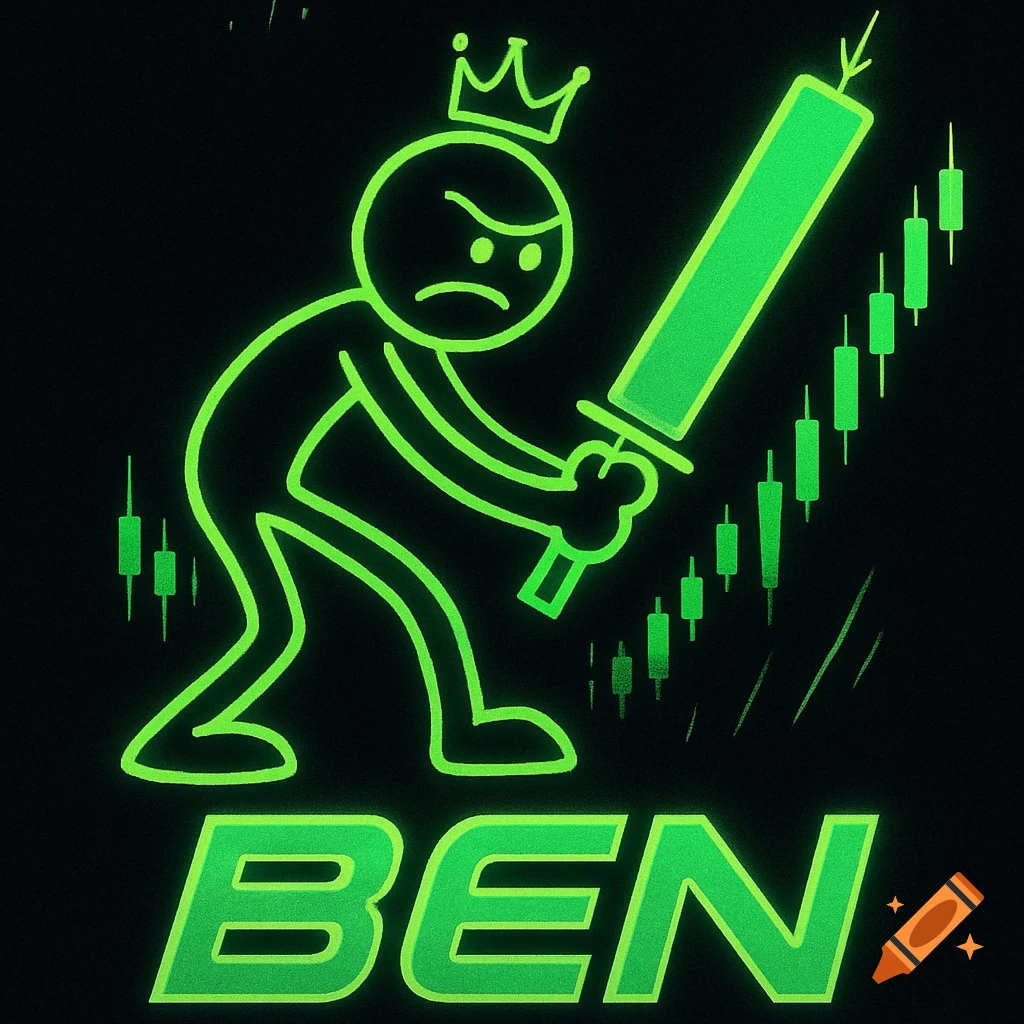 Neon green stick figure with a crown holds a giant green candle sword against a black background with trading candles. Text reads 'BEN'.
