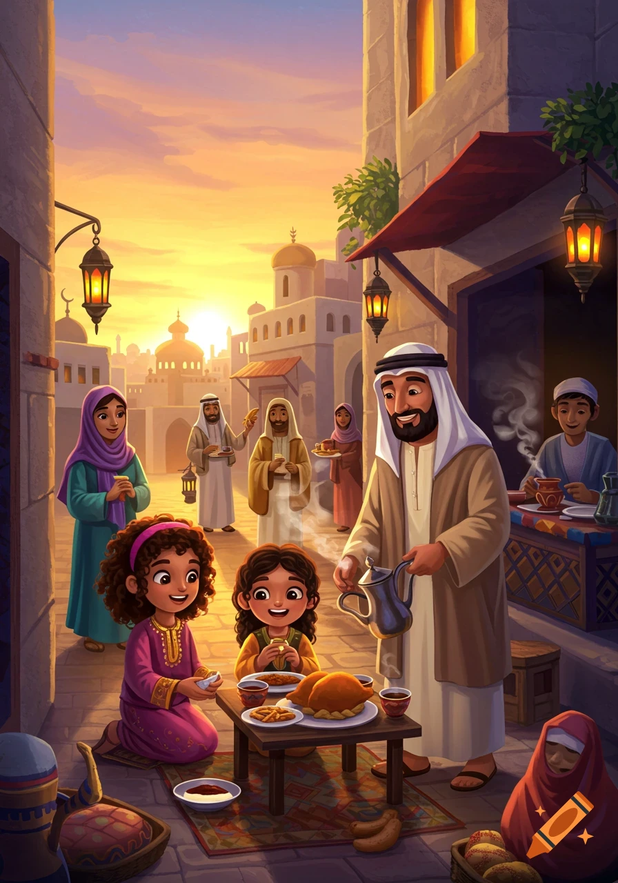 A family shares a meal on a rug in a street at sunset. Middle Eastern architecture with lanterns in the background.