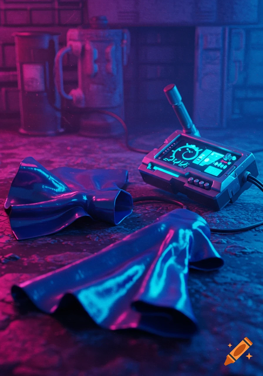 Crumpled blue material and a glowing futuristic device on concrete with pink and blue lighting.