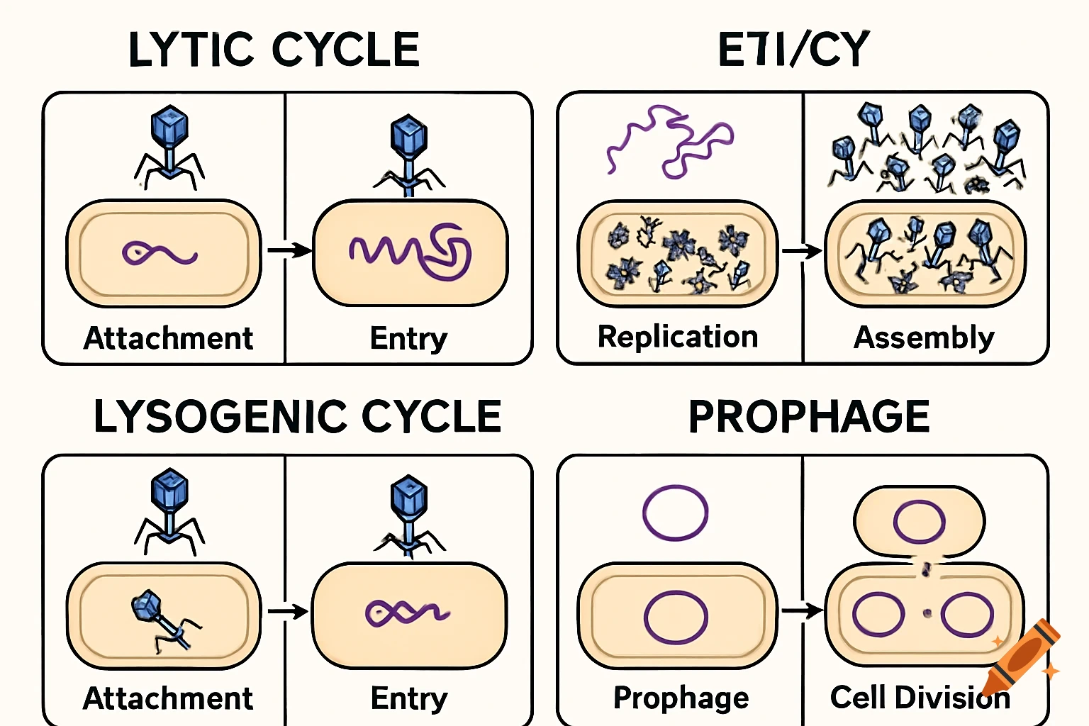 Diagram illustrating the stages of the bacteriophage lytic and lysogenic cycles.