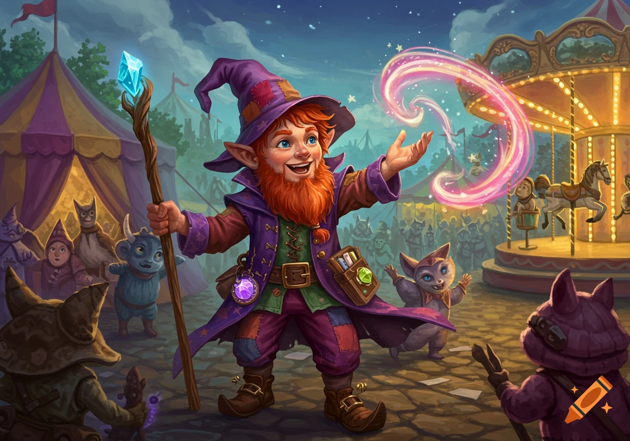 A gnome wizard casts a spell at a fantasy carnival.