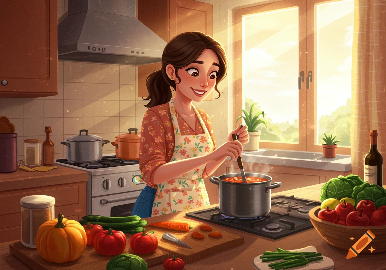 Smiling woman cooking in a sunny kitchen, surrounded by food, digital art.