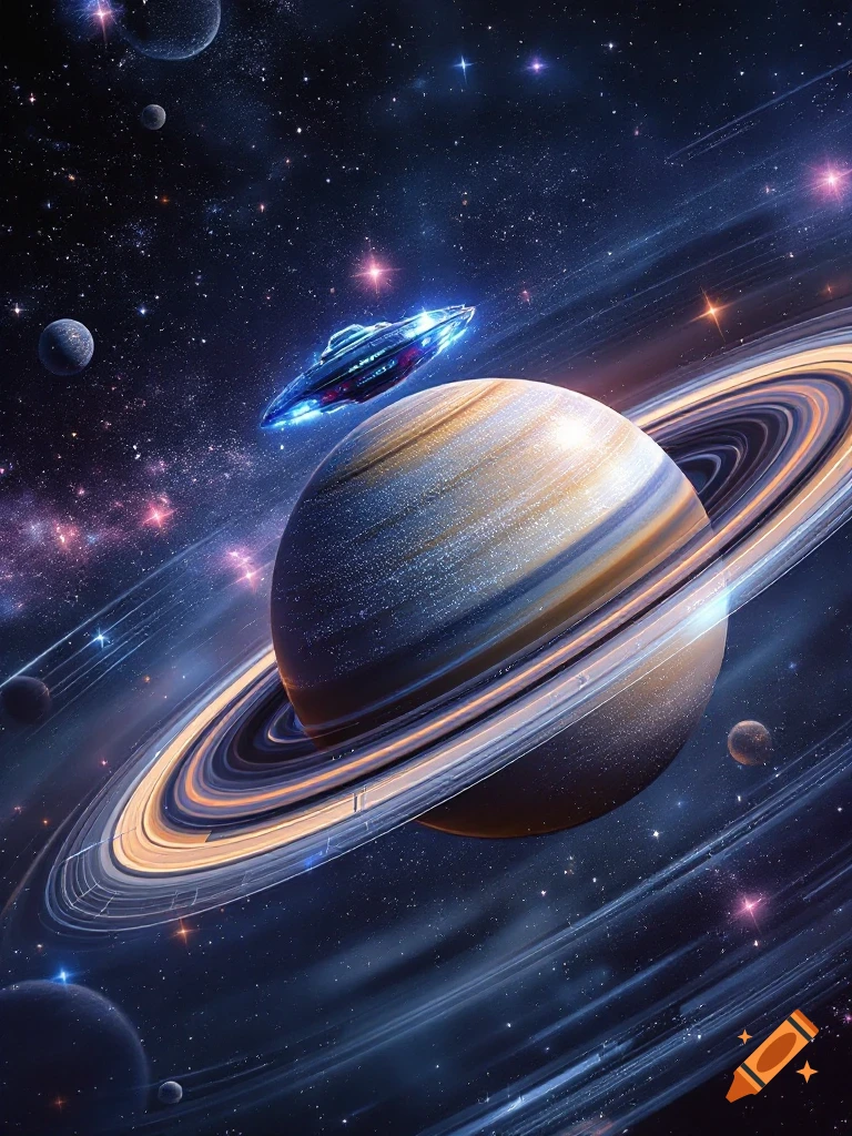 A large ringed planet and a glowing UFO in deep space.