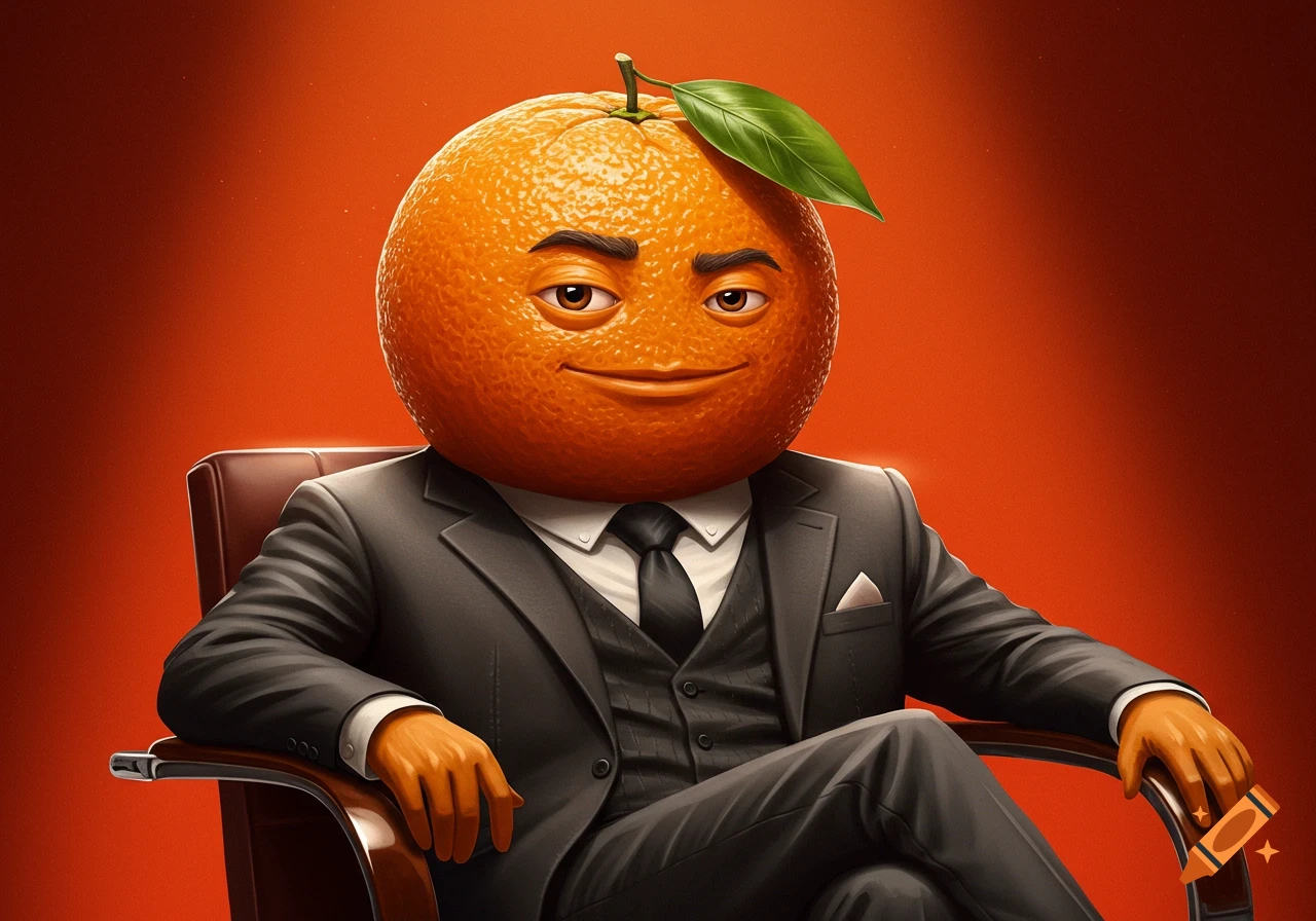 Cartoon orange character in a suit sits in a chair.